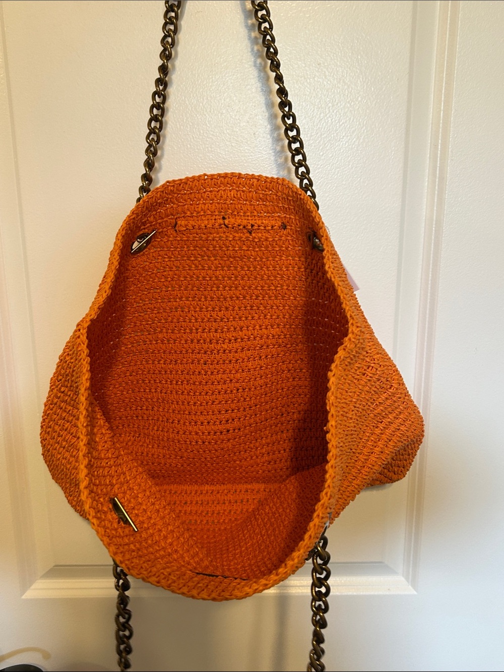 NWT- Kurt Geiger Handwoven Straw Orange Leather and Chain-Handle Tote Bag - Picture 5 of 5